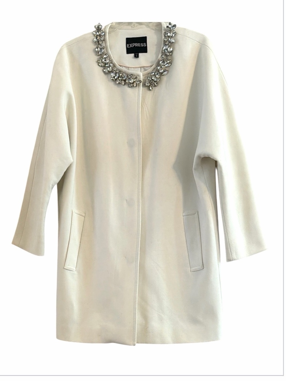 Express White Jeweled Rhinestone Collar Longline Car Coat Jacket M